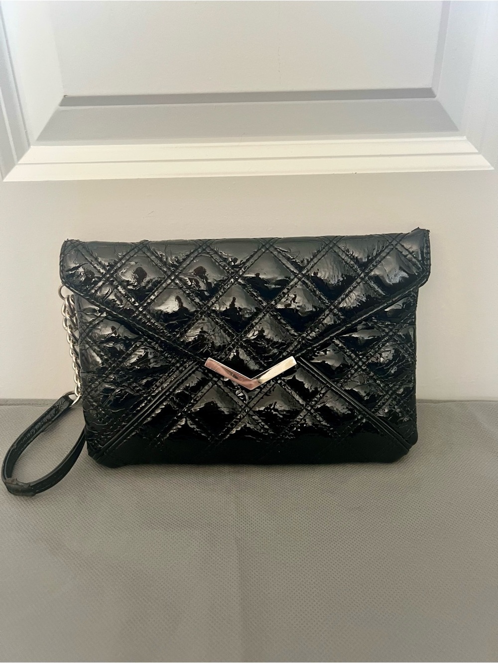 Express Black Quilted Patent Envelope Clutch with Chain Wristlet